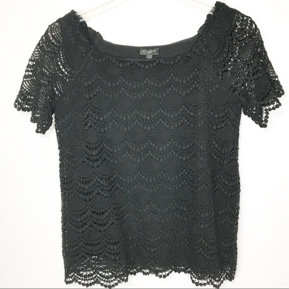 Talbots Tops - Talbots Petites Black Crochet Overlay Short Sleeve Top Size SP Scalloped Hem